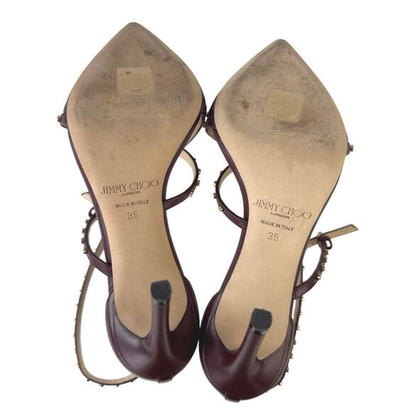 Jimmy Choo Tiff Burgundy Leather Studded Ankle Strap Stiletto Heels Sandals 5 - Picture 3 of 7